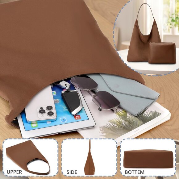 Chic Brown Faux Suede Large Hobo Bag with Clutch Purse | 14.17'' Stylish Tote - Picture 5 of 7